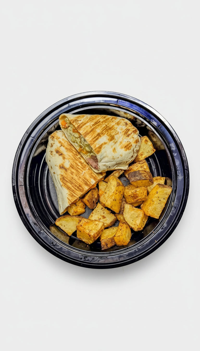 Two sandwiches with potato wedges in a black container on a white background